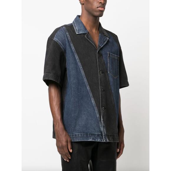 NEW Feng Chen Wang Men's Black Blue Stripe Denim Button Down Shirt Size XL - Picture 1 of 12